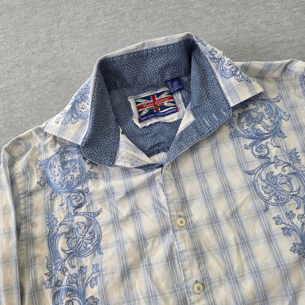 English Laundry Christopher Wicks Mens Blue Plaid Embroidered Shirt Large L